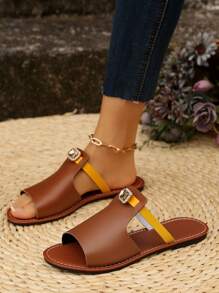 Women's Fashion Casual Color-Block Rhinestone Decorated Open Toe Flat Sandals, Beach Slippers