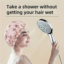 1 件装双层防水浴帽，带蝴蝶结图案和耳朵保护，女士和儿童弹力沐浴发套，成人可重复使用的防水厨房油帽，用于发膜，双层弹力防水护发浴帽