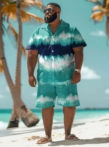 1 Set Plus Size Men's 3D Color Block Graphic Print Shirt & Shorts Set, Summer Casual Beach Outfit, Suitable For Outdoor