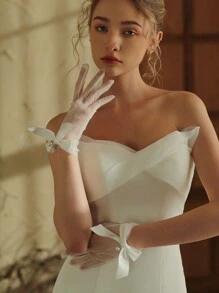 1雙女款短蝴蝶結新娘手套，禮儀拍照派對表演婚紗配件 - 白色 - 查看 5