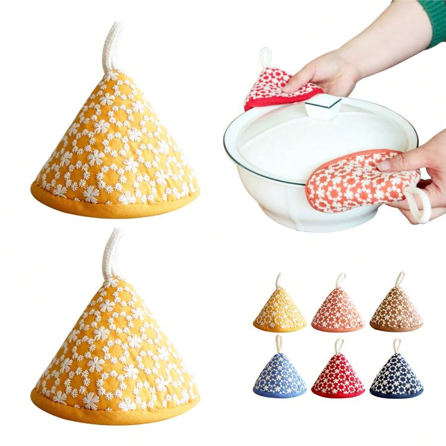 1pc/2pcs Set Of Cute Triangular Floral Embroidered Pot Holders, Heat Resistant For Cooking Pots, Pans, Skillets, Thickened Insulation With Hanging Loop
