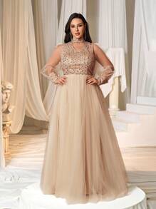 Faeriesty Váy dạ hội trang trọng tay dài cổ bẻ đính sequin Curve Plus - Rượu sâm banh - Xem 3
