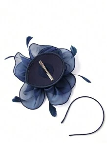 女士茶会头饰，配有丝带和发夹 - 藏蓝色 - 查看 5