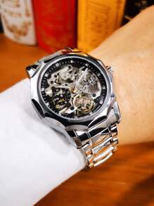 FORSINING 1 件时尚奢华不对称镂空自动机械表男士夜光指针不锈钢表带商务休闲男士手表礼物 - 銀色 - 查看 2