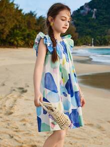 ASK JUNIOR Vestido de playa sin mangas con estampado integral para niñas preadolescentes
