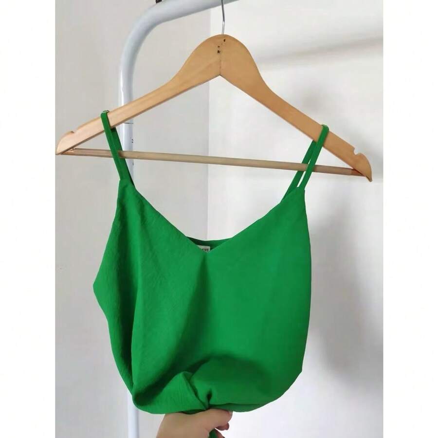 Women's Tank Top With Adjustable Straps Basic Crepe V1 Collar Strapless Tank Top Various Colors D-32 - Green - View 1