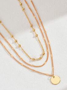 2pcs Fashionable Personalized Round Pendant Multi-Layer Necklace Set For Women - Yellow - View 3