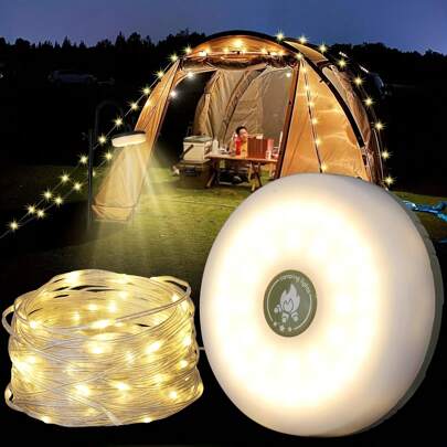 Portable 2-In-1 Camping String Lights - USB Rechargeable, Stowable Design With 5 Lighting Modes For Outdoor, Yard & Hiking