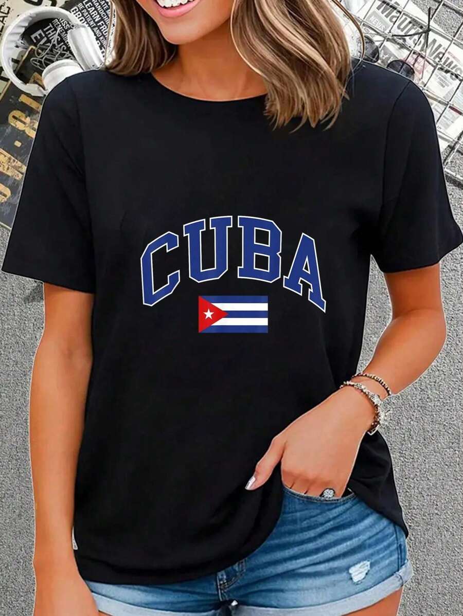 100% Cotton Casual Tshirt Cuban Flag T-Shirt - Black - View 1