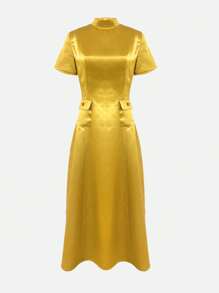 Elegante abito a-line di colore giallo senape per donna - maniche corte alla moda, perfetto per la primavera e l'autunno
