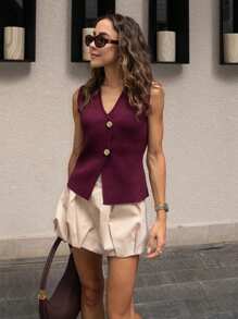 FOR BEAUTY 春夏新品 V领无袖纽扣针织开衫新年上衣修身简约气质优雅都市摩登女装酒红色毛衣背心 - 酒紅色 - 查看 3