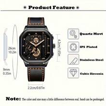 1 Pc Men's Casual Sports Leather Belt With Square Numeric Calendar Dial Quartz Wristwatch, Classic Design (Watch Itself Only, No Watch Box Included) - Black - View 4