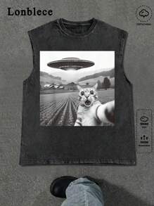 Lonblece Chaleco holgado de hombre con lavado vintage, diseño gráfico casual de gato, alienígena y OVNI, adecuado para primavera/verano