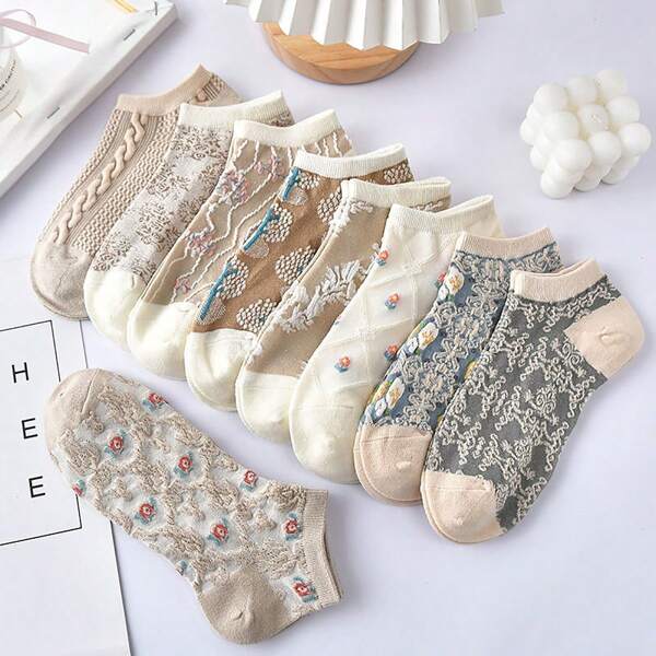 5/7/9 Paar Vintage Palast Stil Damen Knöchelsocken, elegante geometrische & florale Muster, atmungsaktiv, weich und leicht 295g/m² Polyester Strick & elastisches Material, maschinenwaschbar, geeignet für den täglichen Damengebrauch im Frühling/Sommer