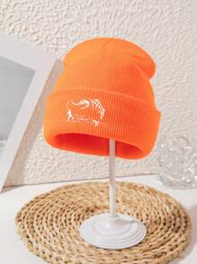 1 pieza Gorro de punto con bordado acrílico de estilo casual de calle, estampado de espina de pescado, para hombre, para pesca, senderismo, esquí y deportes al aire libre, para otoño/invierno, cortaviento y cálido