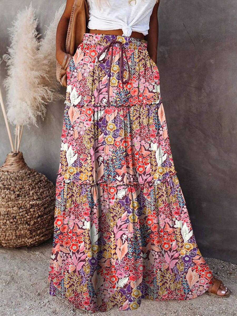 Women's Boho Maxi Skirts Vintage Floral Elastic High Waist A-Line Flowy Skirts Tiered Long Swing Skirts With Pockets Casual Bohemian Clothes For Summer Holiday Beach Vacation Outfit - Hồng - Xem 1