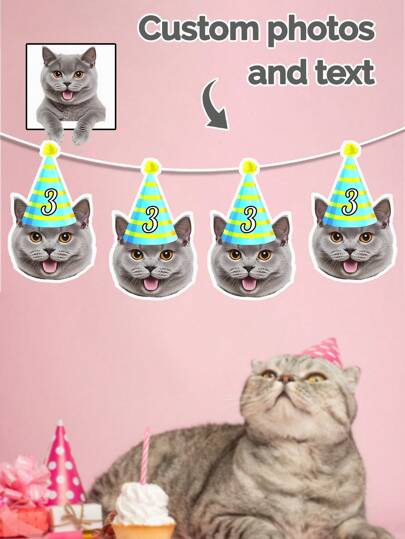 7/14/21pc Customized Photo Pet Head Banner, Personalized Customized Letter Pet Face Banner, Customized Face Banner, Photo Banner, Cat And Dog Birthday Hat Banner, Decoration, Personalized Face Photo Banner, Customized Cat Photo Banner,SummerHoliday