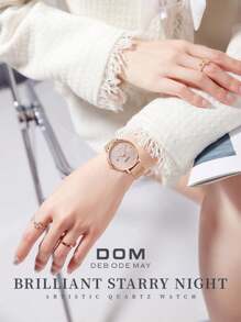 DOM 1件女士时尚米兰尼斯网状表带石英表，金色，商务休闲风，防水，心形日历显示，适合日常佩戴，可作为礼物送给朋友或母亲 - 金色 - 查看 6