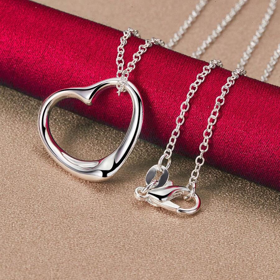 镀银心形吊坠项链链 女士婚礼订婚时尚饰品 - 銀色 - 查看 1