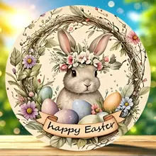 Décoration de porte en forme d'œuf avec lapin de Pâques en bois et fleurs. Décoration de ferme moelleuse pour les porches et intérieurs, parfaite décoration de Pâques