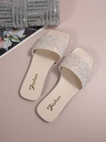 Women's Square Toe Slip-On Sandals With Rhinestone Decor, No-Heel Open Toe Design For Easy On/Off, Comfortable Artificial Suede Flat Shoes For Casual Outings, Suitable For Warm Weather, Versatile.