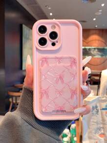 Bow-Knot Fashionable And Exquisite Line Heart-Shaped IPhone Case With Card Insertion, Pink Suitable For Girls, Providing Phone Protection And Unique Printing Style, Compatible With Iphone 11/12/13/13promax/14plus/14promax/15plus/16plus/16promax/15promax XR XSM