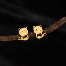 1 Pair Of Cute Cat Punk Style Stainless Steel Stud Earrings, Small Animal Kitten Jewelry, Ladies Ideal Accessory Jewelry Birthday Gift