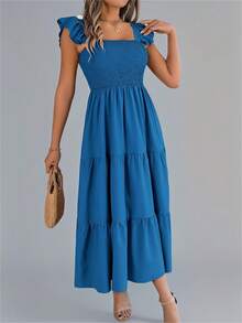 New Summer Solid Square Neck Backless Casual Frill Trim Camisole Dress, Light Blue - Blue - View 3