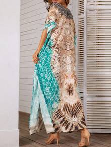 女士性感 V 领印花泳衣罩衫半袖加大码开边沙滩长袍连衣裙