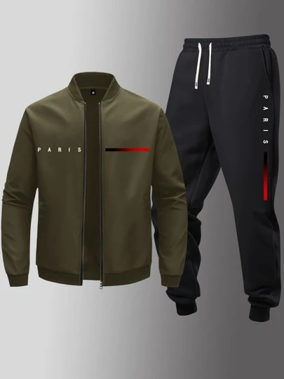 男士巴黎字母图案和彩色条纹印花飞行员夹克，配有松紧腰慢跑裤，两件套，适合春秋季休闲户外日常穿着