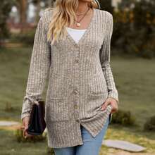 Women's Long Sleeve Open Front Knit Ribbed Cardigan Sweater With Pockets 2025 Winter Lightweight Cardigans Outerwear - Màu Khaki - Xem 4