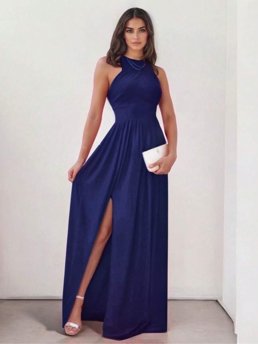 Sophisticated Off-The-Shoulder Long Dress With Leg Slit - Navy Blue - View 1