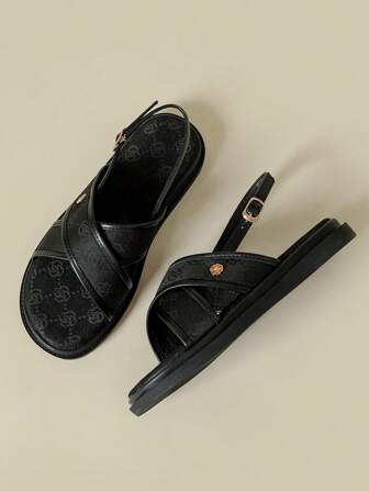 女士厚底系带扣凉鞋，波西米亚假日复古黑色花朵露趾防滑舒适夏季新款厚底坡跟鞋，时尚户外沙滩罗马鞋