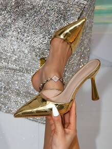 Sandalias tipo mule con punta puntiaguda y tacón alto, adecuadas para discoteca, fiesta de cóctel, desfile de moda, ocasión formal, baile, en colores dorado y plateado, con estilo sexy y de resort, para verano - Dorado - Ver 1