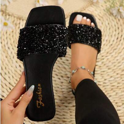 女士加大码平底凉鞋，夏季休闲百搭水钻装饰拖鞋