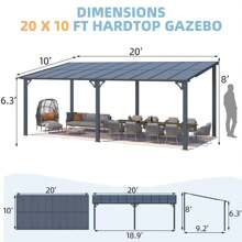 AECOJOY Gazebo Outdoor Pergola For Patio, Hard Top Lean To Gazebo Shelter Pergolas And Gazebos With Patio Roof, Large Wall-Mounted Heavy Duty Awnings For Patio, Decks, Backyard - Dark Gray 20' X 10' - View 3
