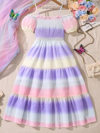 女童甜美渐变色吊带裙，带肩带和花朵下摆，适合派对和度假，夏季