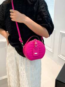 Women Mini Small Round Bag Crocodile Handbag Retro Crossbody Bag - Hot Pink - View 5