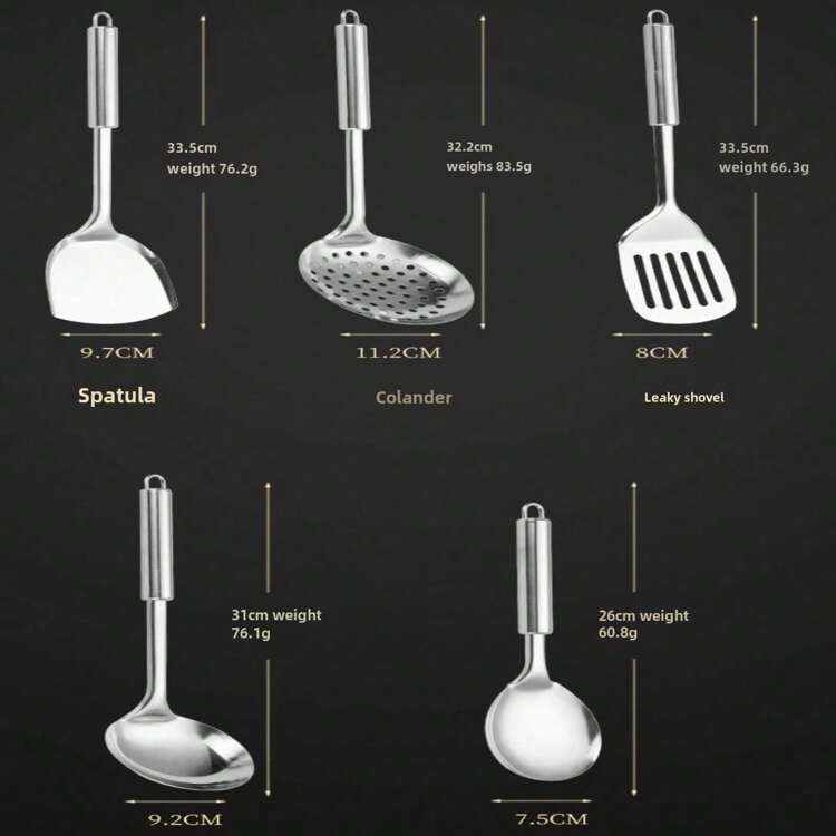 Nuevo favorito de la cocina, ¡Set de 5 piezas de acero inoxidable! Con diseño de asa redonda, agarre cómodo, incluye bandeja de arroz, espátula, cuchara coladora, cuchara para sopa y espumadera, ¡haciendo la cocina talla grande fácil! - Multicolor - Añade 1