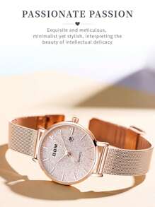 DOM 1件女士时尚米兰尼斯网状表带石英表，金色，商务休闲风，防水，心形日历显示，适合日常佩戴，可作为礼物送给朋友或母亲 - 金色 - 查看 5