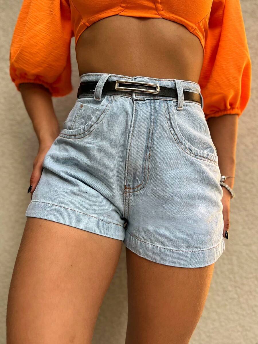 Saina Office 910 With Belt Black Shorts Women's Jeans Casual High Waist Shorts Women's Jeans With Pocket Youth Natural 910 With Belt - 910# com cinto - 查看 1