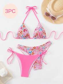 3pcs Women's Ditsy Floral Triangle Bikini Set - 1 Swimwear Top, 2 Swim Bottoms, For Summer Beach Vacation