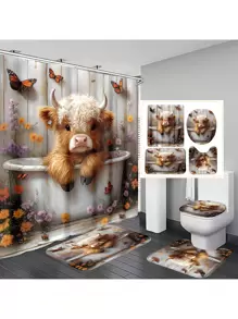 1 pieza/4 piezas Conjunto de cortina de baño con patrón de vaca de las Tierras Altas, cortina de ducha impermeable con alfombra antideslizante, tapa de inodoro y alfombra de baño, instalación fácil con ganchos en C, decoración de otoño para el baño, accesorios de baño de vuelta al colegio