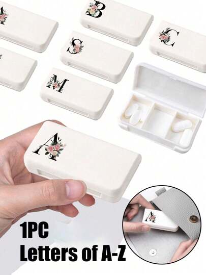 Caja de píldoras mini con tres compartimentos, organizador de píldoras portátil, patrón floral rosa-letras negras A-Z, compacto y conveniente, adecuado para caja de medicamentos de viaje, organizador de pastillas semanal de viaje lindo, estuche de compartimento independiente, estuche para suplementos para el bolsillo o el bolso - Estuche de transporte de medicamentos de 3 rejillas - Caja organizadora de vitaminas diarias, contenedor de medicamentos