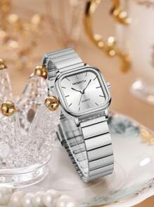 1 件女士方形简约钢带休闲石英腕表，适合日常佩戴 - 白色 - 查看 2