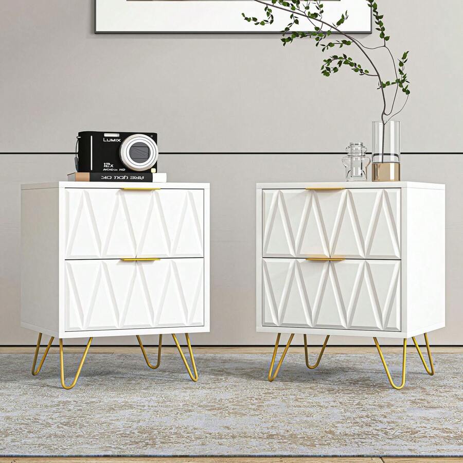 Nightstand Set Of 2, Modern End Side Table With 2 Drawers, Bedside Table With Golden Metal Legs For Living Room, Bedroom Furniture