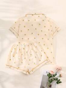 Set de 2 piezas de pijama de verano para mujer con estampado de flores amarillas pequeñas, camisa con botones de manga corta y pantalones cortos, ropa informal de estar en casa para el verano - Albaricoque - Ver 2