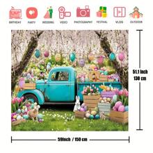 1pc Easter Photography Backdrop - Vibrant Spring Design With Blue Truck, Colorful Eggs, Flowers, Bunnies And Tulip Floral Forest Scene, Polyester Fabric, Great For Photo Booth Props And Party Decoration Backdrop, Festival Accessories | Floral Festival Backdrop | Polyester Fabric Background, Easter Outdoor Decor