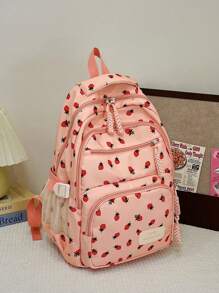 Bộ 3 chiếc ba lô nhiều ngăn gấp gọn bằng vải nylon màu trơn phong cách tươi mới thường ngày họa tiết dâu tây, nơ, anh đào, khóa kéo jacquard, dung tích lớn, thích hợp cho nữ mặc hàng ngày, sinh viên đại học, đào tạo, đi học, mua sắm, du lịch - Hồng - Xem 4