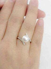 1 件优雅女士珍珠戒指，方晶锆石，浪漫婚礼订婚珠宝 - 銀色 - 查看 2